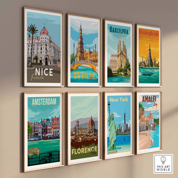 Collection of vintage travel posters featuring Nice, Seville, Barcelona, Bangkok, Amsterdam, Florence, New York, and Amalfi.
