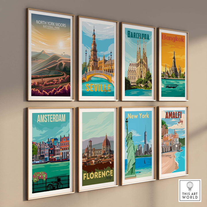 Colorful wall art prints including North York Moors and various city landscapes in museum frames.