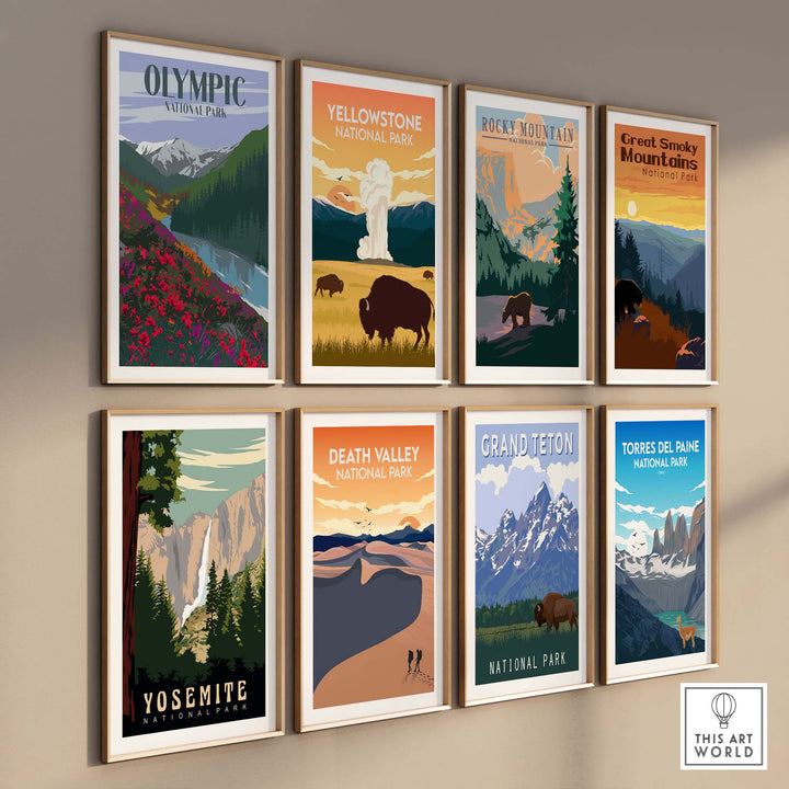 Collection of vintage-style national park posters including Olympic, Yellowstone, and Yosemite framed on a wall.