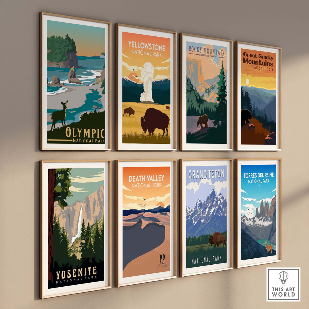 Collection of vintage travel posters featuring Olympic, Yellowstone, Yosemite, and other US National Parks.