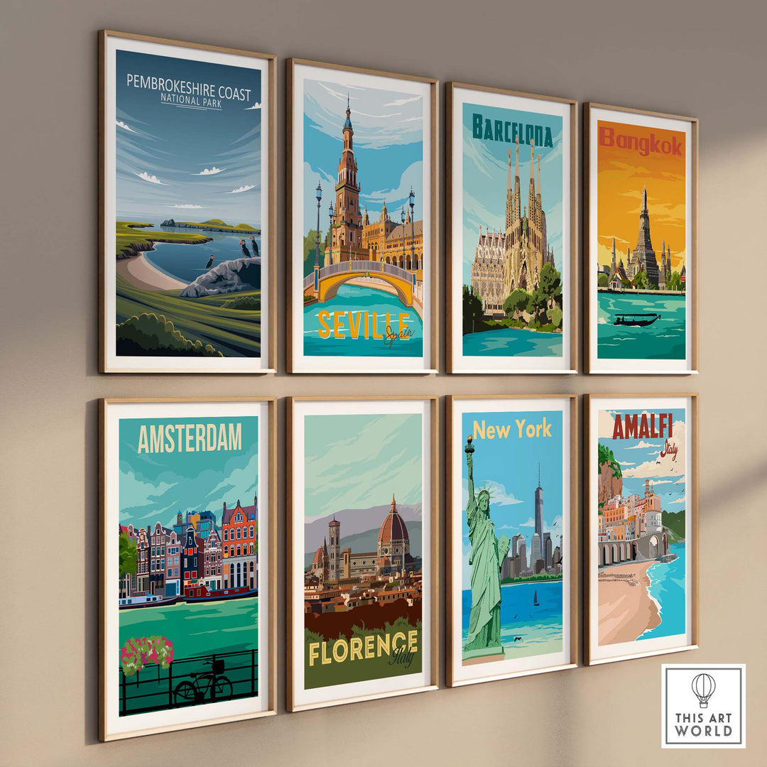 Gallery of travel posters including Pembrokeshire Coast, featuring minimalist design and vibrant colors.