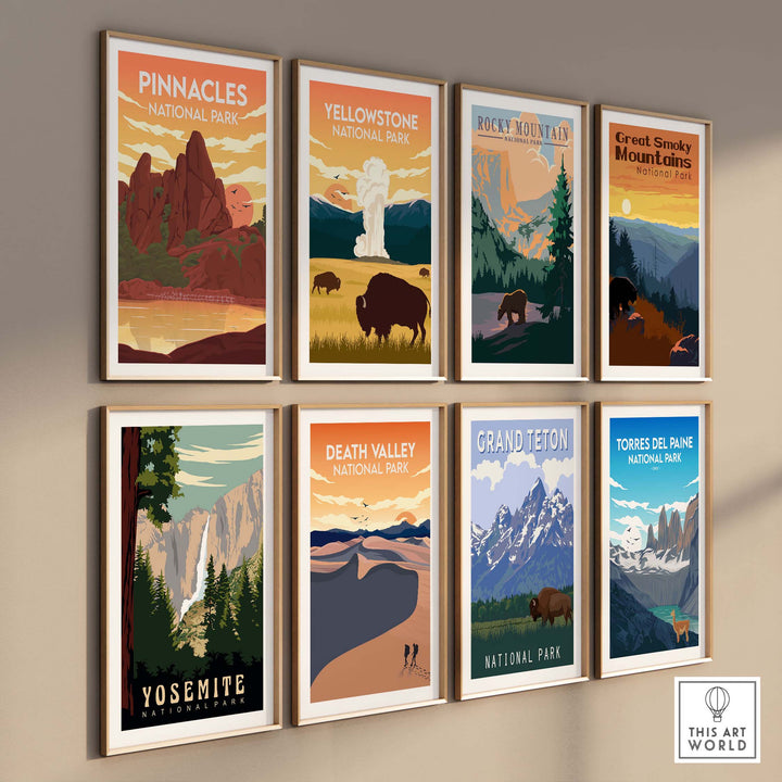 Wall display of vintage-style National Park posters including Pinnacles, Yellowstone, and Yosemite.