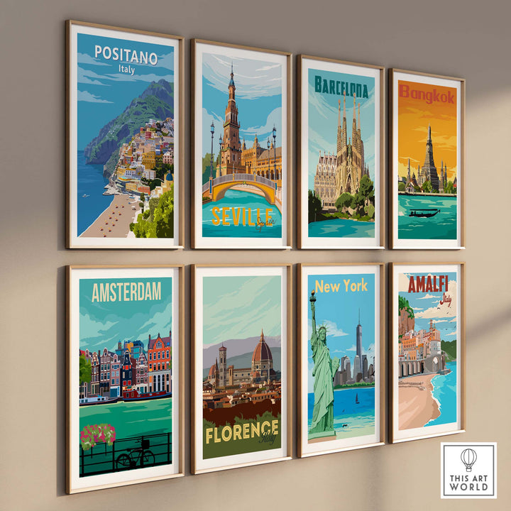 Collection of vintage-style travel poster prints featuring Positano, Barcelona, Bangkok, and more for stylish wall art.
