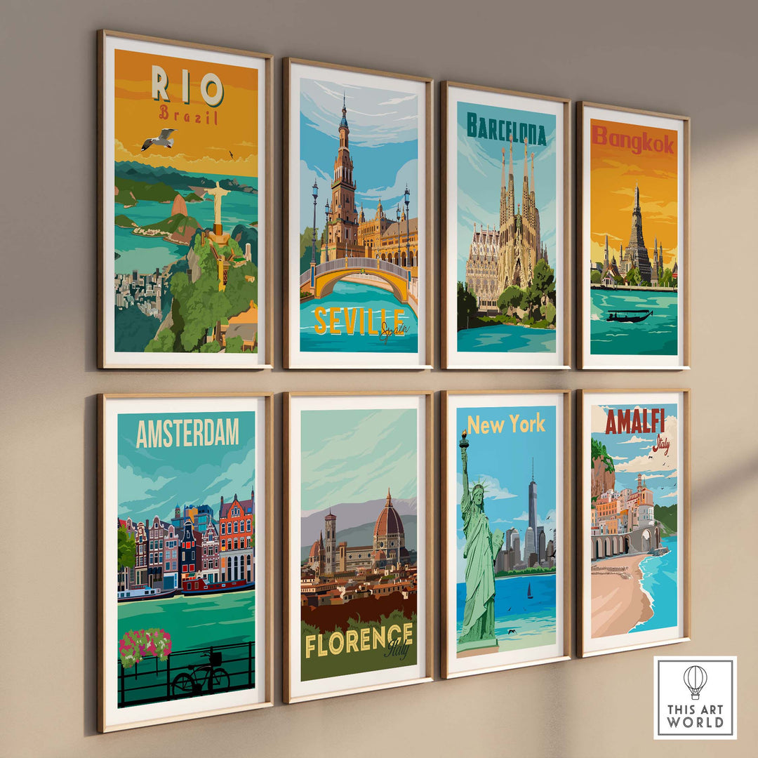 Collection of vintage travel wall art prints featuring Rio, Barcelona, Bangkok, Seville, Amsterdam, New York, Florence, and Amalfi.