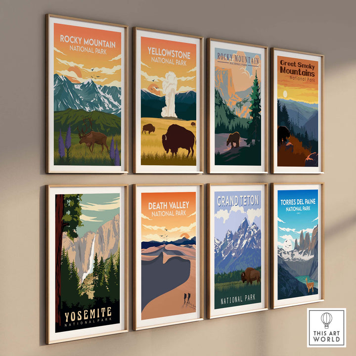 Gallery of vintage-inspired national park prints including Rocky Mountain and Yosemite.