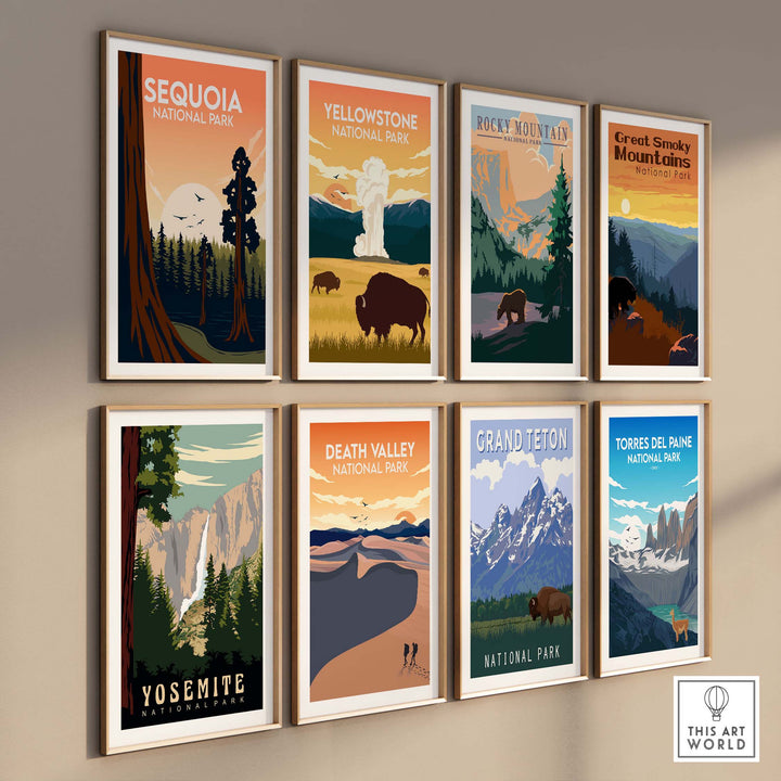 Gallery of National Park posters featuring Sequoia, Yellowstone, Rocky Mountain, and more in stylish frames.