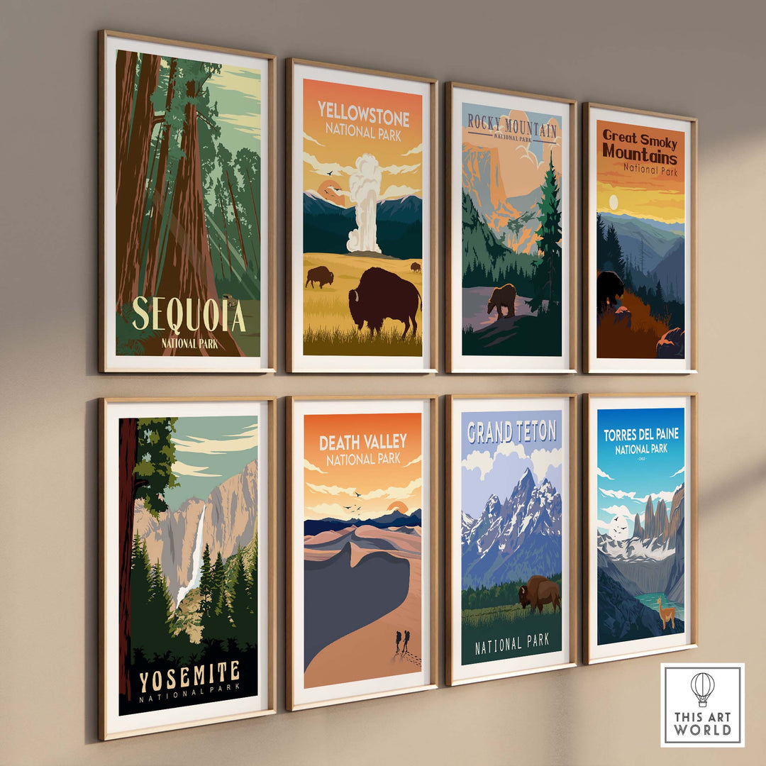 Gallery of vintage-style National Park prints including Sequoia, Yosemite, Yellowstone, and more