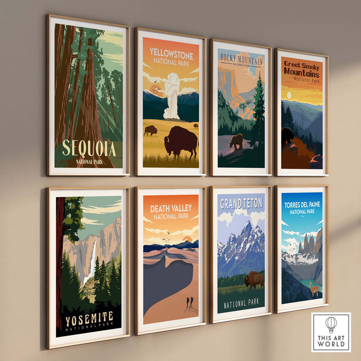 Gallery of vintage-style National Park prints including Sequoia, Yosemite, Yellowstone, and more