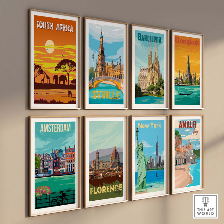Collection of vintage travel posters featuring South Africa, Barcelona, Bangkok, and more in a stylish display.