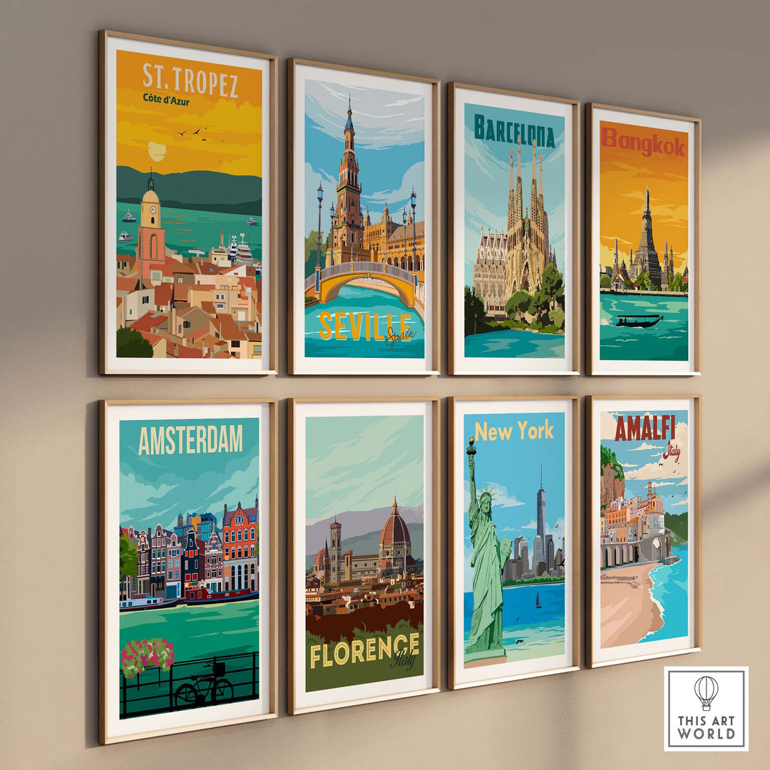 Colorful vintage travel posters featuring St Tropez, Barcelona, Bangkok, and more in stylish frames.