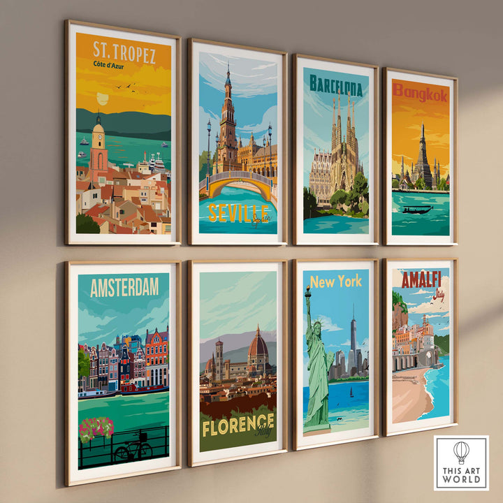 Colorful vintage travel posters featuring St Tropez, Barcelona, Bangkok, and more in stylish frames.