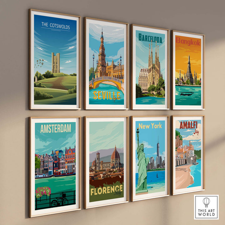 Stylish travel posters featuring The Cotswolds, Barcelona, Bangkok, Seville, Amsterdam, Florence, New York, and Amalfi.