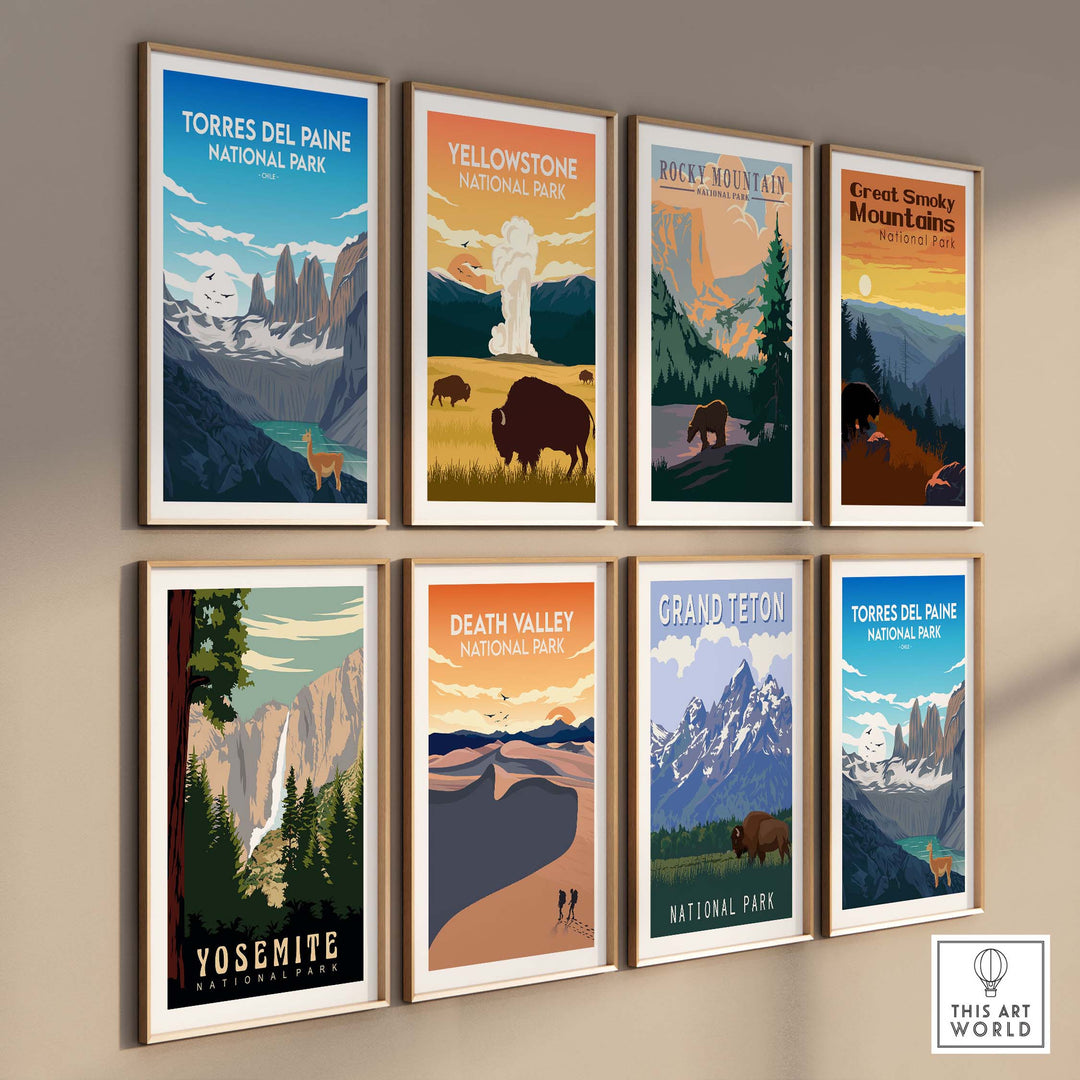 Collection of vintage travel posters of national parks including Torres del Paine and Yellowstone.