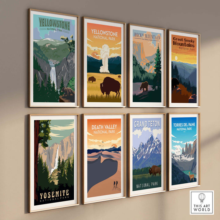 Collection of vintage-inspired National Park prints including Yellowstone and Yosemite.