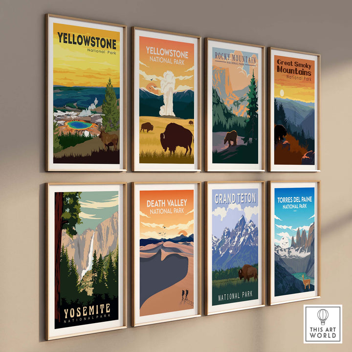 Collection of vintage-inspired National Park posters including Yellowstone and Yosemite.
