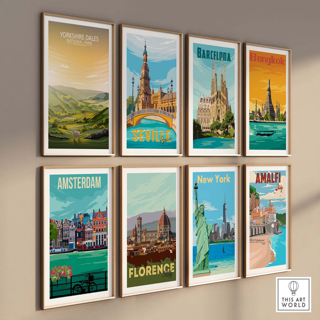Gallery of travel posters including Yorkshire Dales, Barcelona, Bangkok, and more, showcasing vibrant cityscapes and nature.