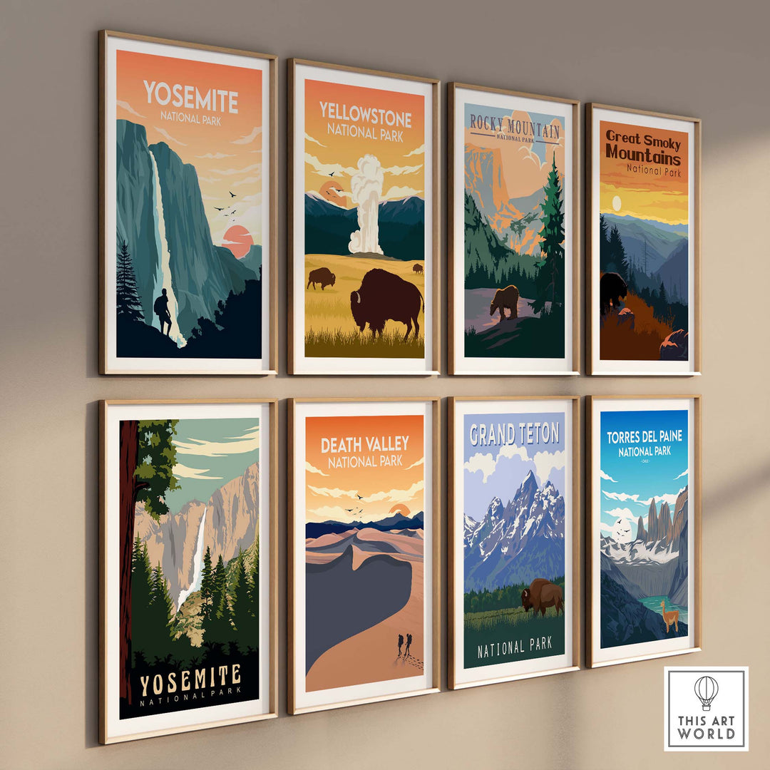 Collection of National Park posters including Yosemite, Yellowstone, and more, showcasing minimalist art for home decor.