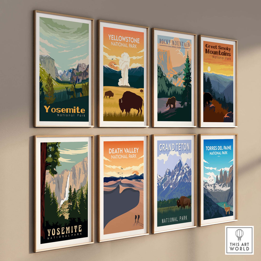 Vintage-inspired Yosemite National Park poster among framed art of other US National Parks on a gallery wall.