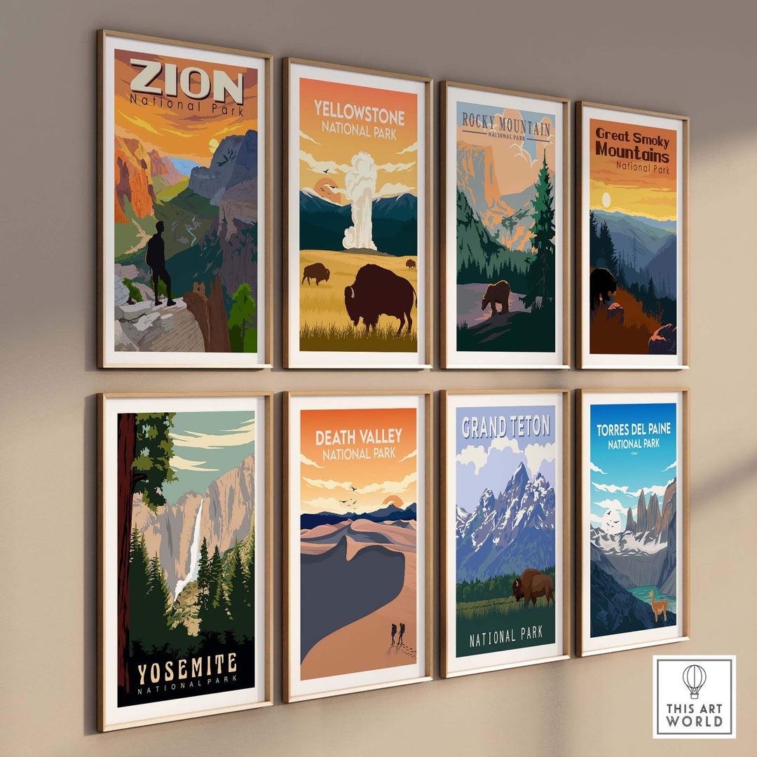 Collection of National Park posters featuring Zion, Yellowstone, and more, showcasing vintage outdoor art.