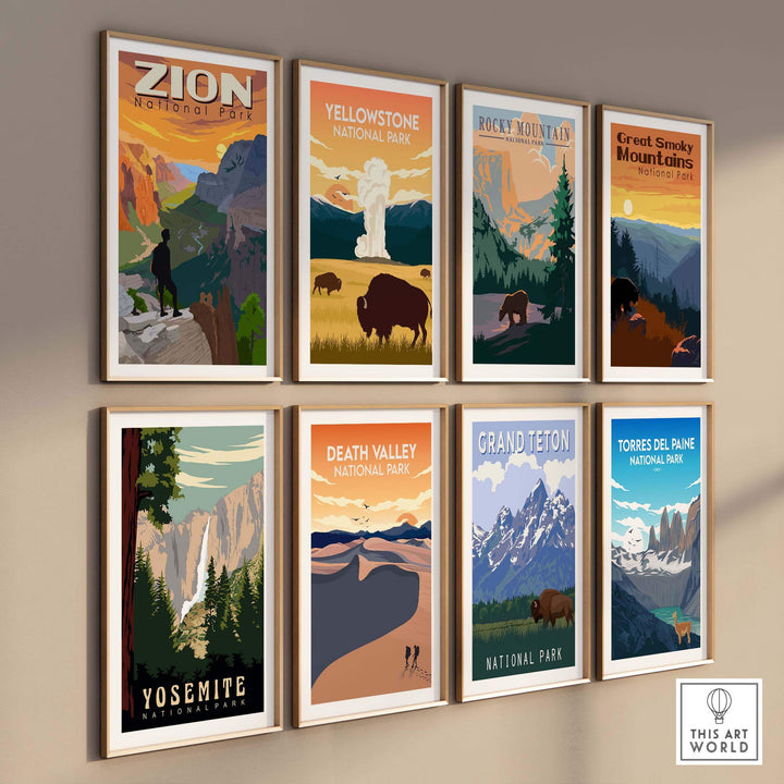 Collection of National Park posters featuring Zion, Yellowstone, and more, showcasing vintage outdoor art.