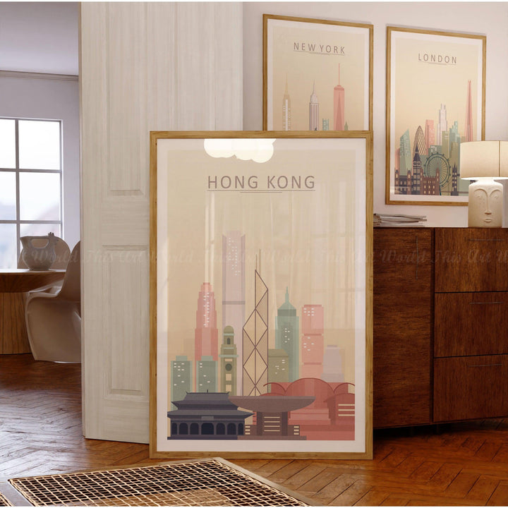 Hong Kong skyline print wall art featuring iconic buildings in pastel colors, perfect for home decor.