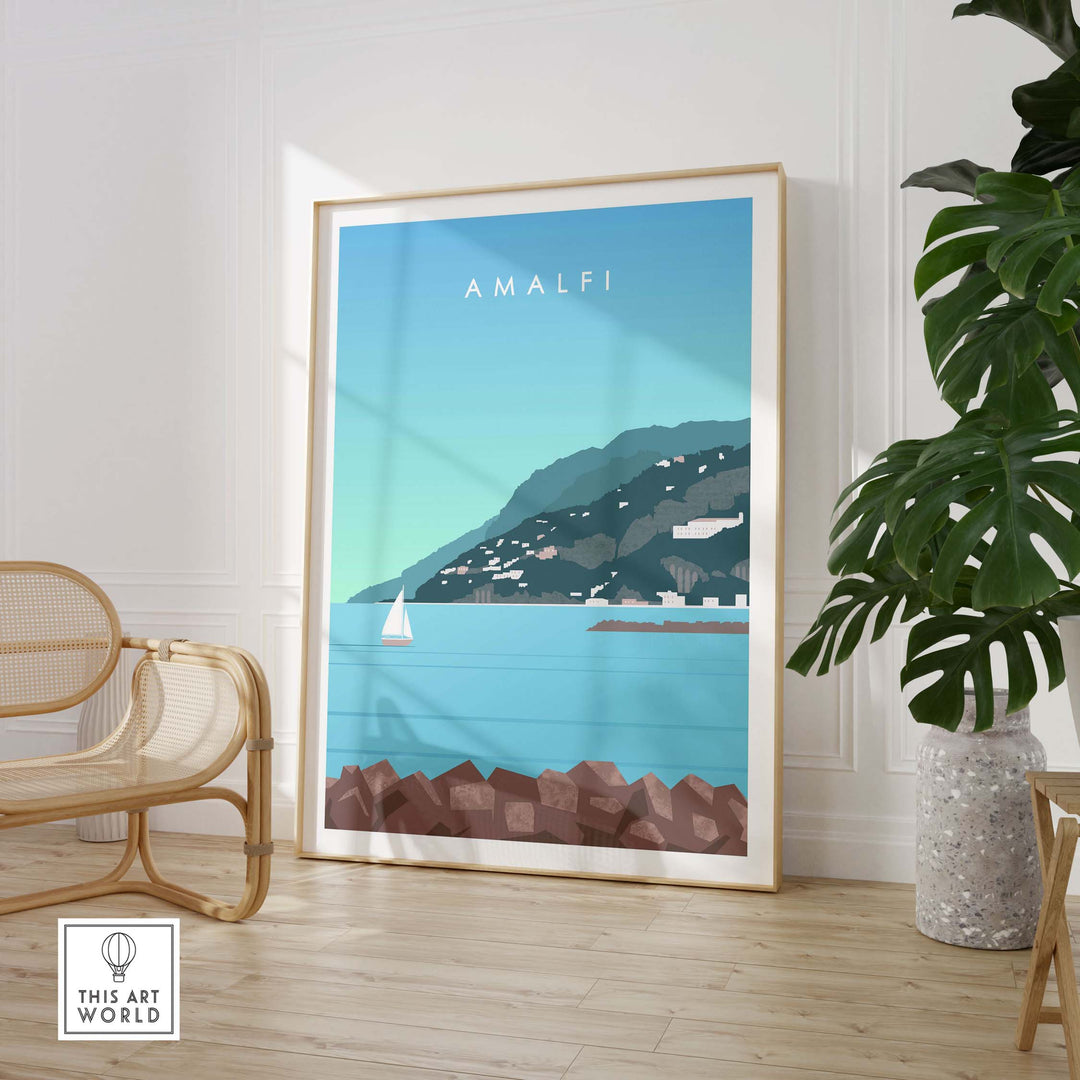 Framed Amalfi Coast print featuring a serene seascape and coastal village, perfect for travel-inspired decor.