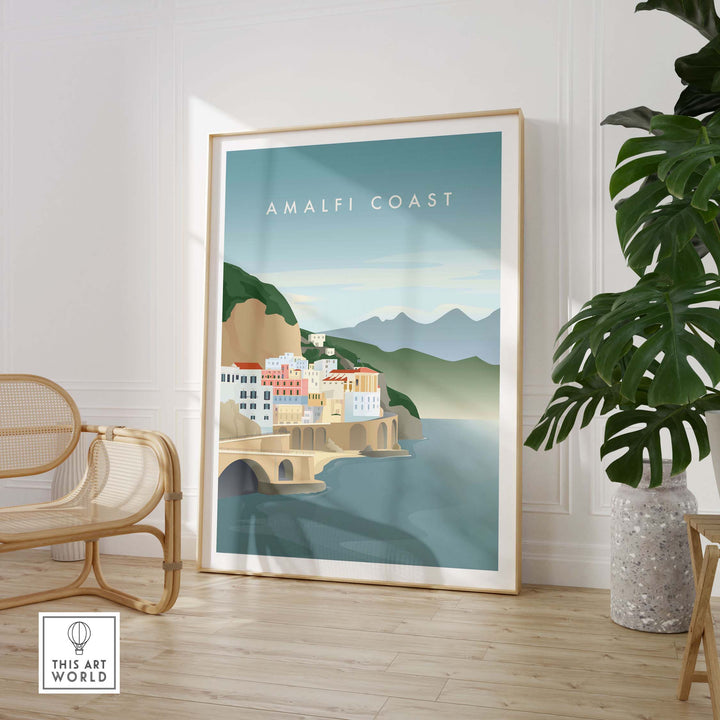 Minimalist Amalfi Coast print framed in a stylish interior, showcasing vibrant colors and travel inspiration.