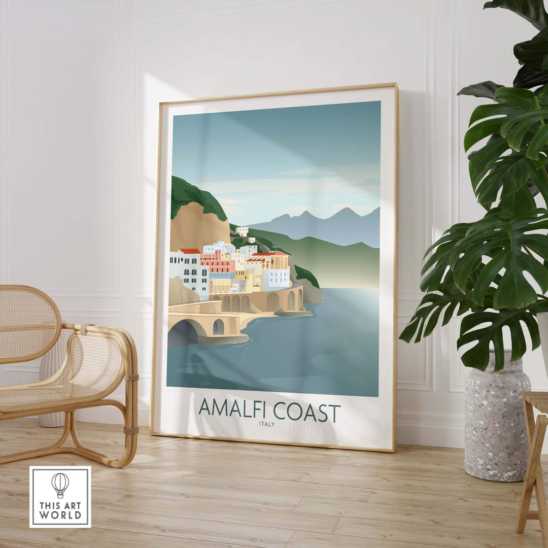 Minimalist Amalfi Coast wall art poster showcasing coastal scenery, perfect for home or office décor.