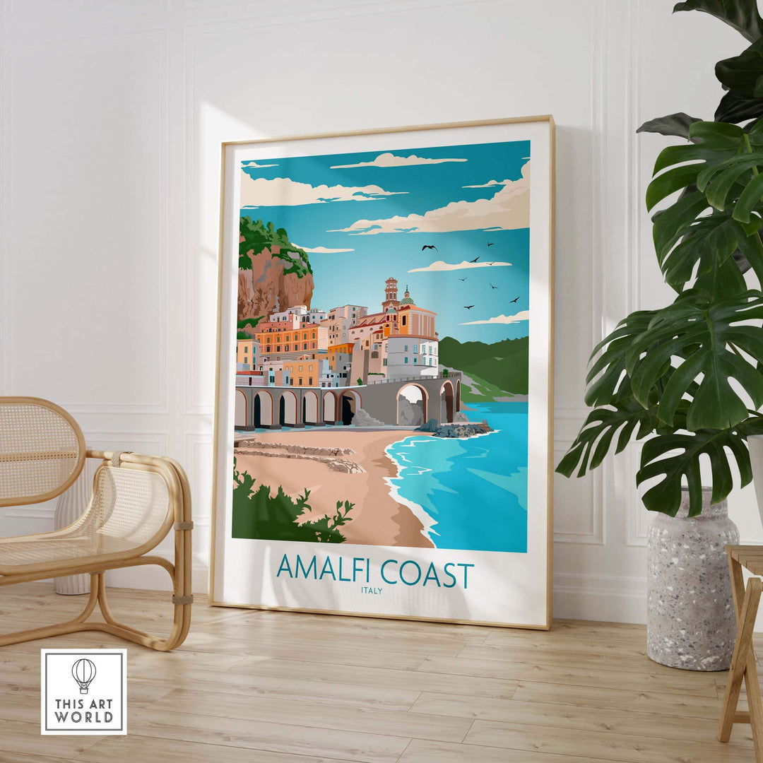 Amalfi Coast poster showcasing vibrant coastal scenery and vintage travel art design, perfect for home or office decor.