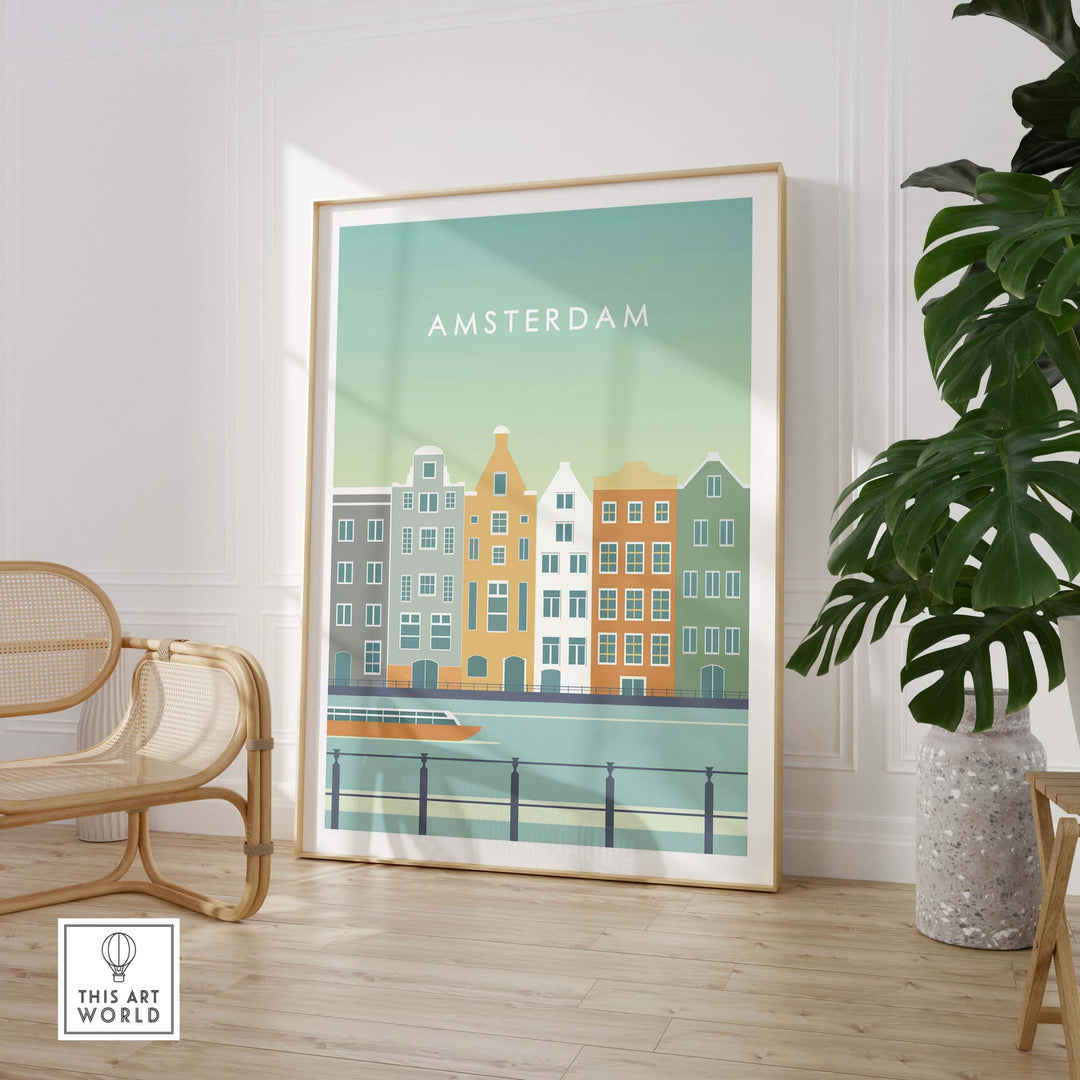 Amsterdam Print Wall Art Poster featuring canal houses in vibrant colors, perfect for home or office decor.