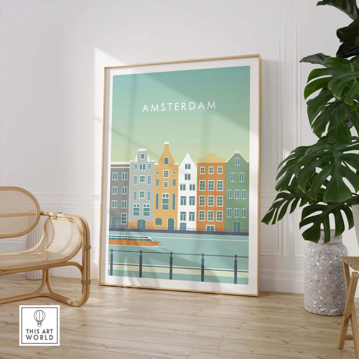 Amsterdam Print Wall Art Poster featuring canal houses in vibrant colors, perfect for home or office decor.