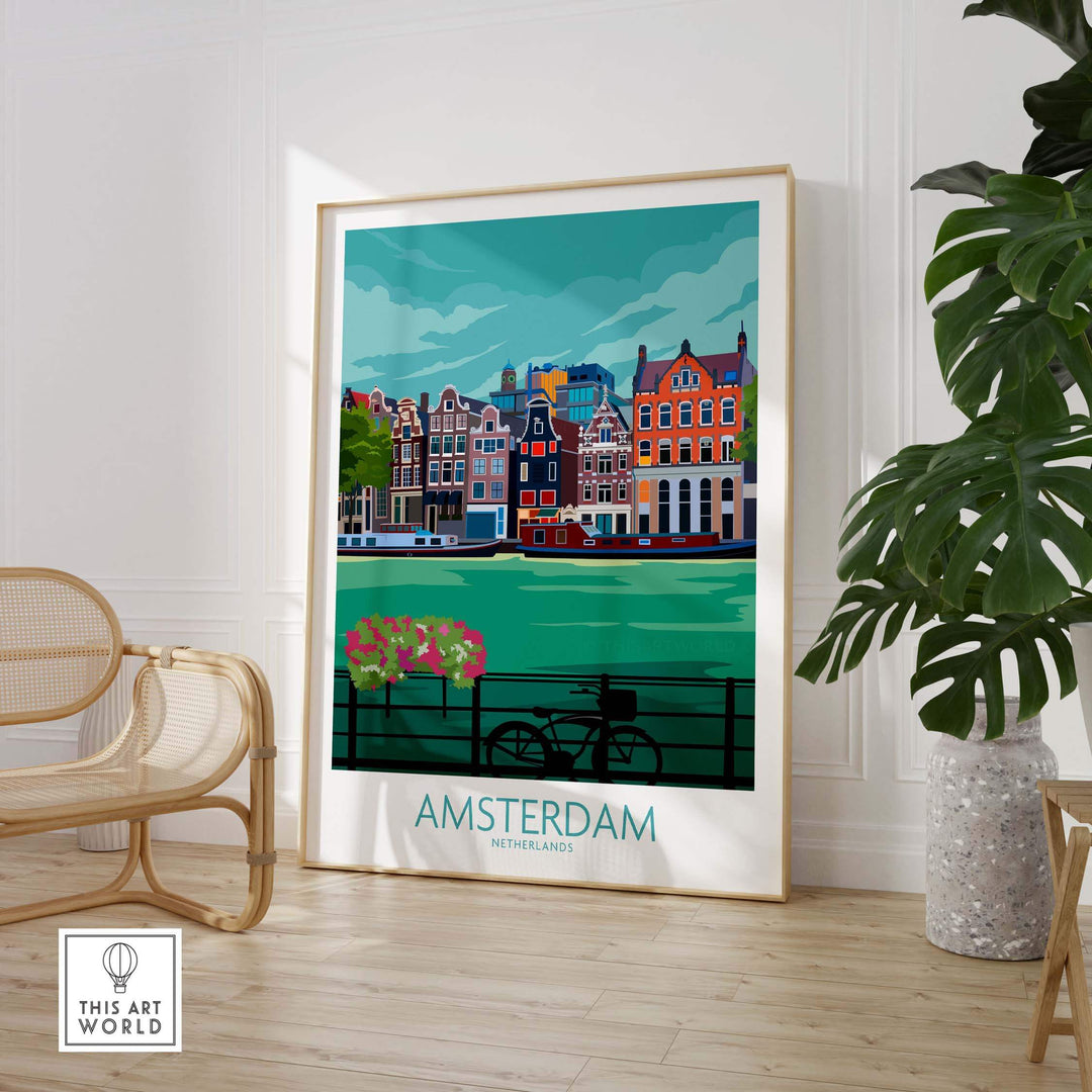 Amsterdam poster print featuring colorful canal houses and a bicycle, stylish wall art for travel lovers.