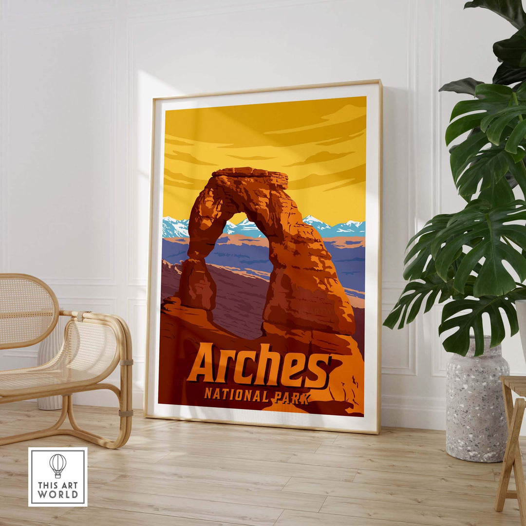 Arches National Park vintage print featuring the iconic arch in vibrant colors, framed in a stylish home setting.