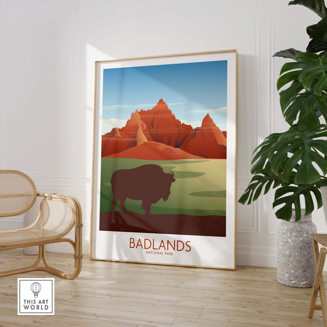 Badlands National Park art print featuring a bison, framed in a stylish indoor setting.