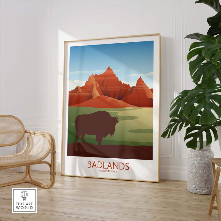 Badlands National Park art print featuring a bison, framed in a stylish indoor setting.