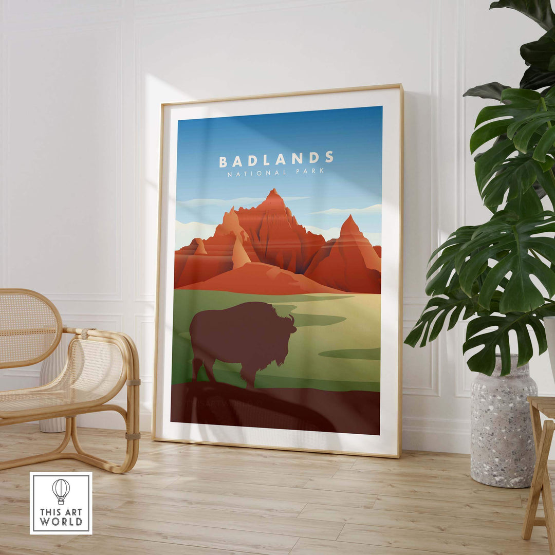 Minimalist Badlands National Park art print featuring majestic red rocks and a bison, perfect for wall decor.