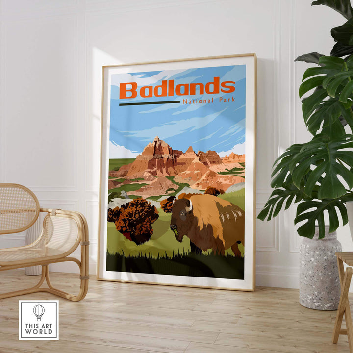 Badlands National Park poster featuring bison and scenic landscapes, offering vintage-style travel wall art.