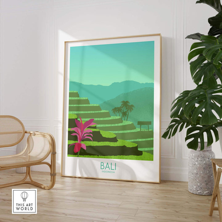 Bali print wall art featuring terraced landscapes and tropical plants, perfect for home or office decor.