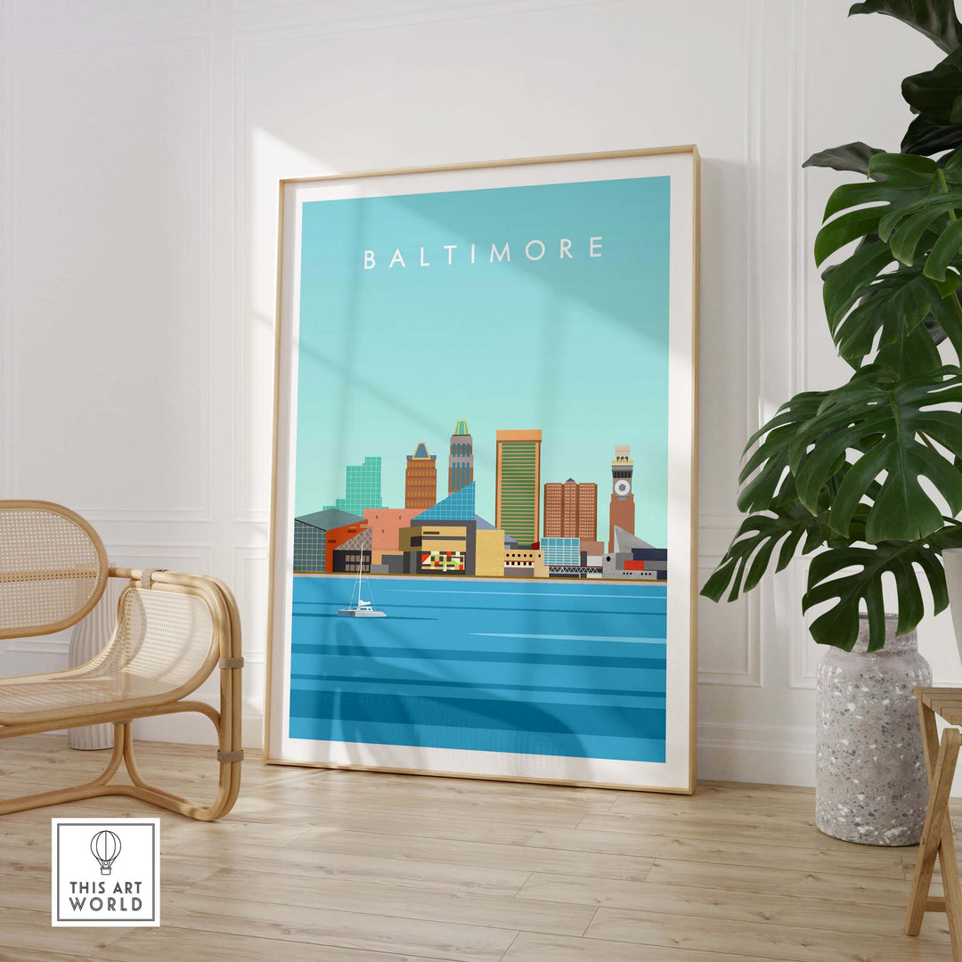Baltimore Maryland print featuring a minimalist skyline in a stylish frame, ideal for home or office decor.