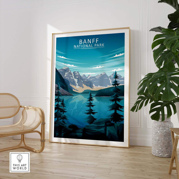 Banff National Park print showcasing minimalist landscape art with mountains and lake framed in modern home decor.