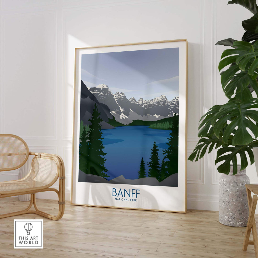 Banff National Park art print in a stylish frame featuring mountains and a lake in a minimalist design.
