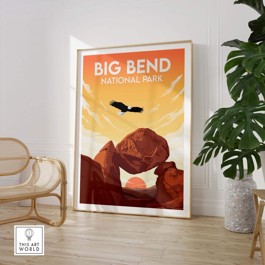 Big Bend National Park poster artwork featuring desert landscapes and soaring eagle in a minimalist style.