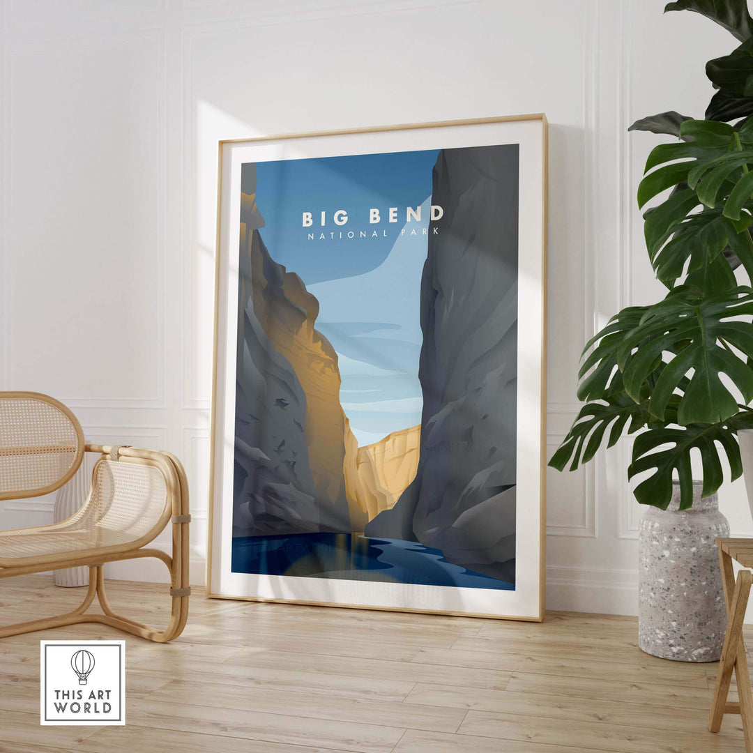 Minimalist Big Bend National Park art print framed on a wall, showcasing stunning Texas canyon landscape.