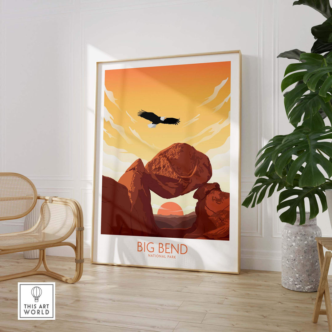 Big Bend National Park minimalist art print with eagle flying over rock formations in warm sunset colors.