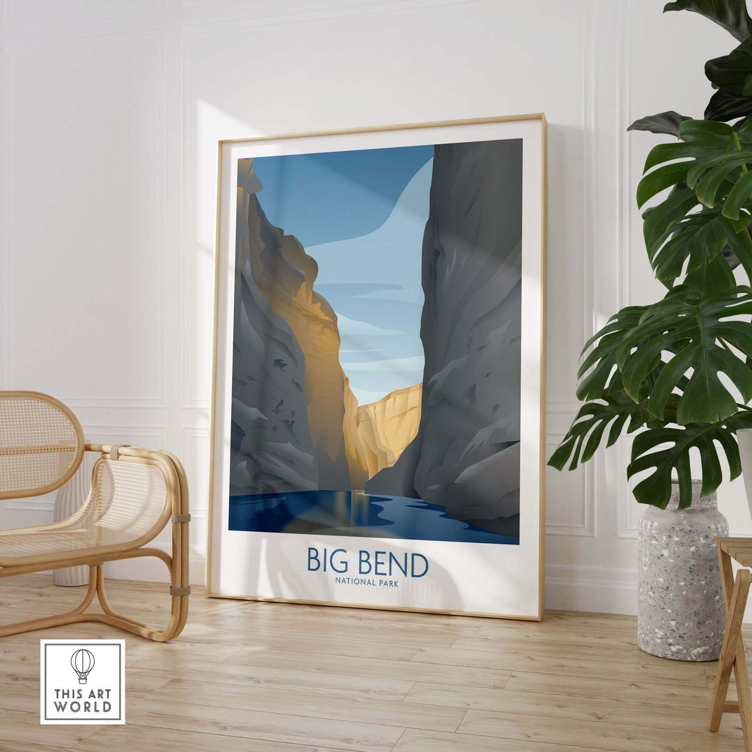 Big Bend National Park art print displayed in a modern room, showcasing minimalist nature design and vibrant colors.
