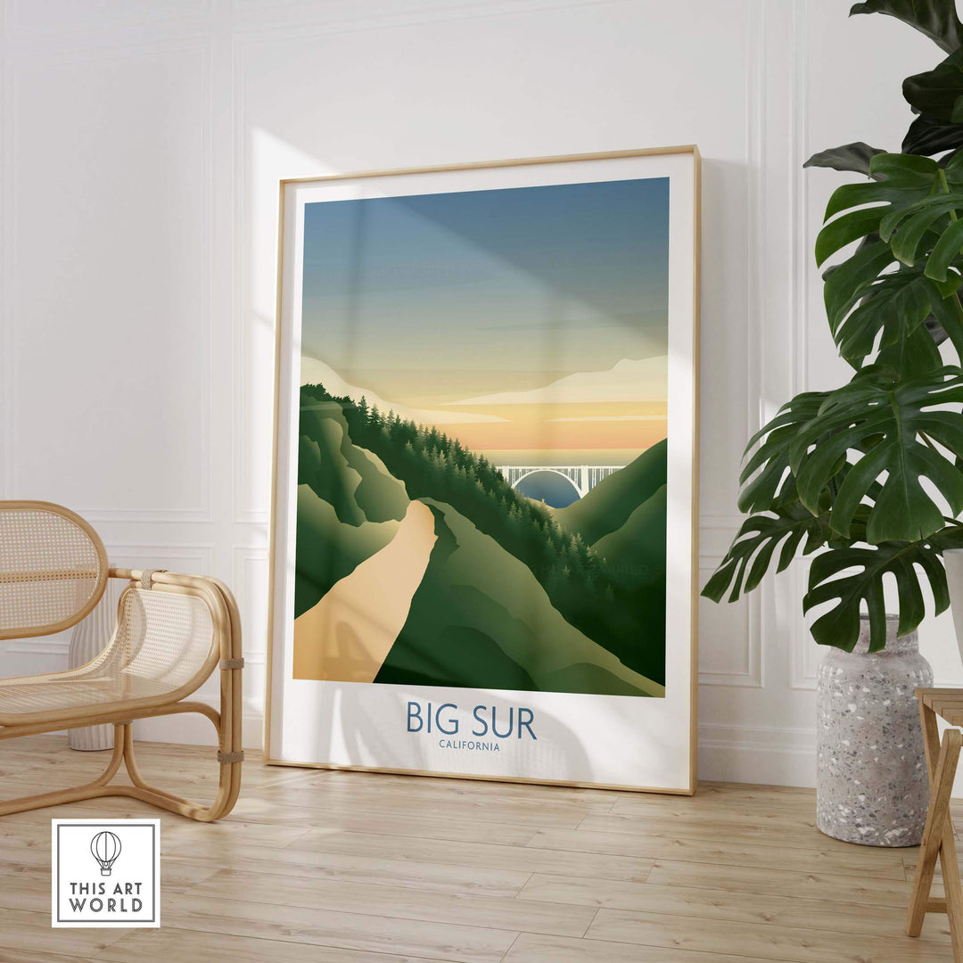 Big Sur California art print showcasing minimalist landscape design in a stylish interior setting.