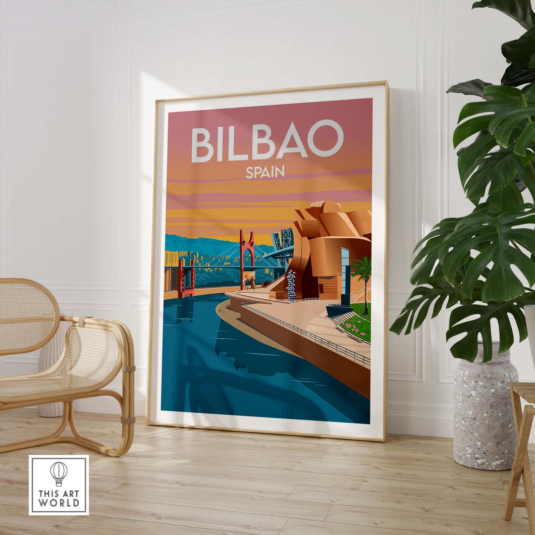 Framed Bilbao Spain art print in a minimalist style showcasing vibrant architecture and scenic views.