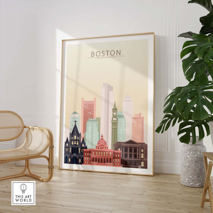 Boston Skyline Poster featuring iconic architecture in warm pastel tones for stylish home decor.