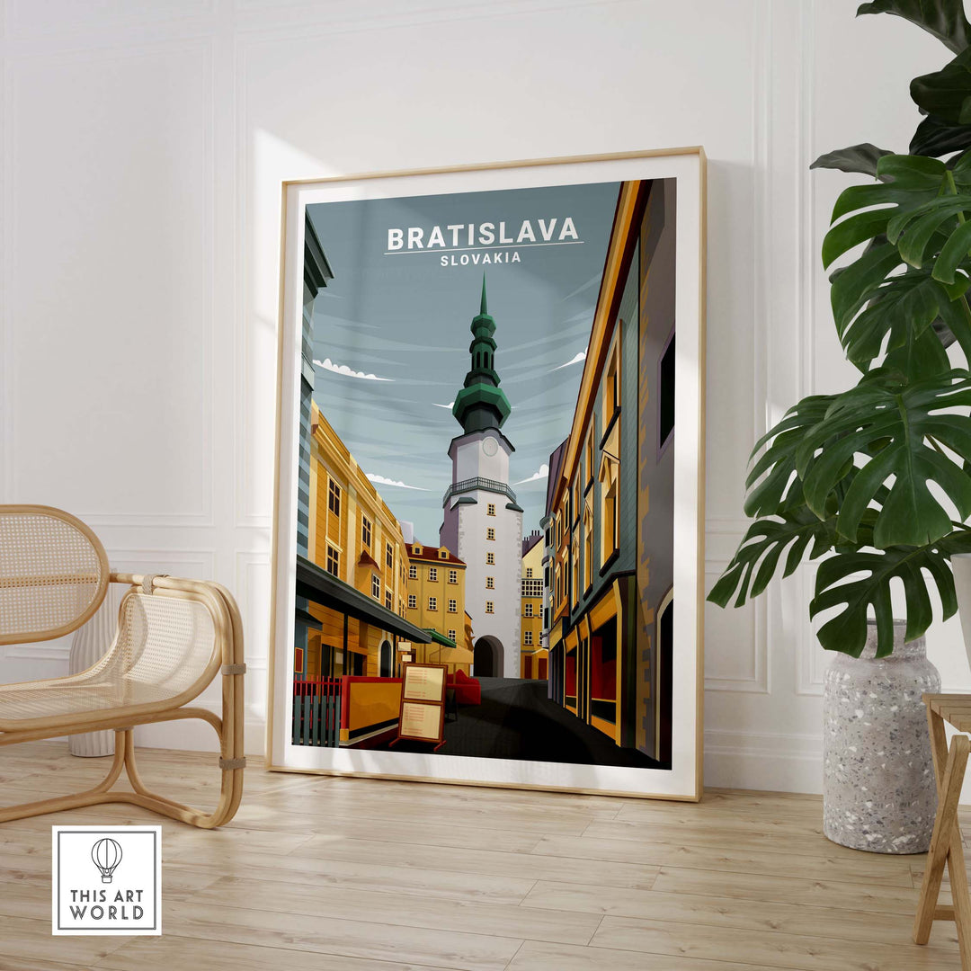 Bratislava Poster Slovakia in a stylish frame, showcasing a vibrant minimalist design of the city's architecture.