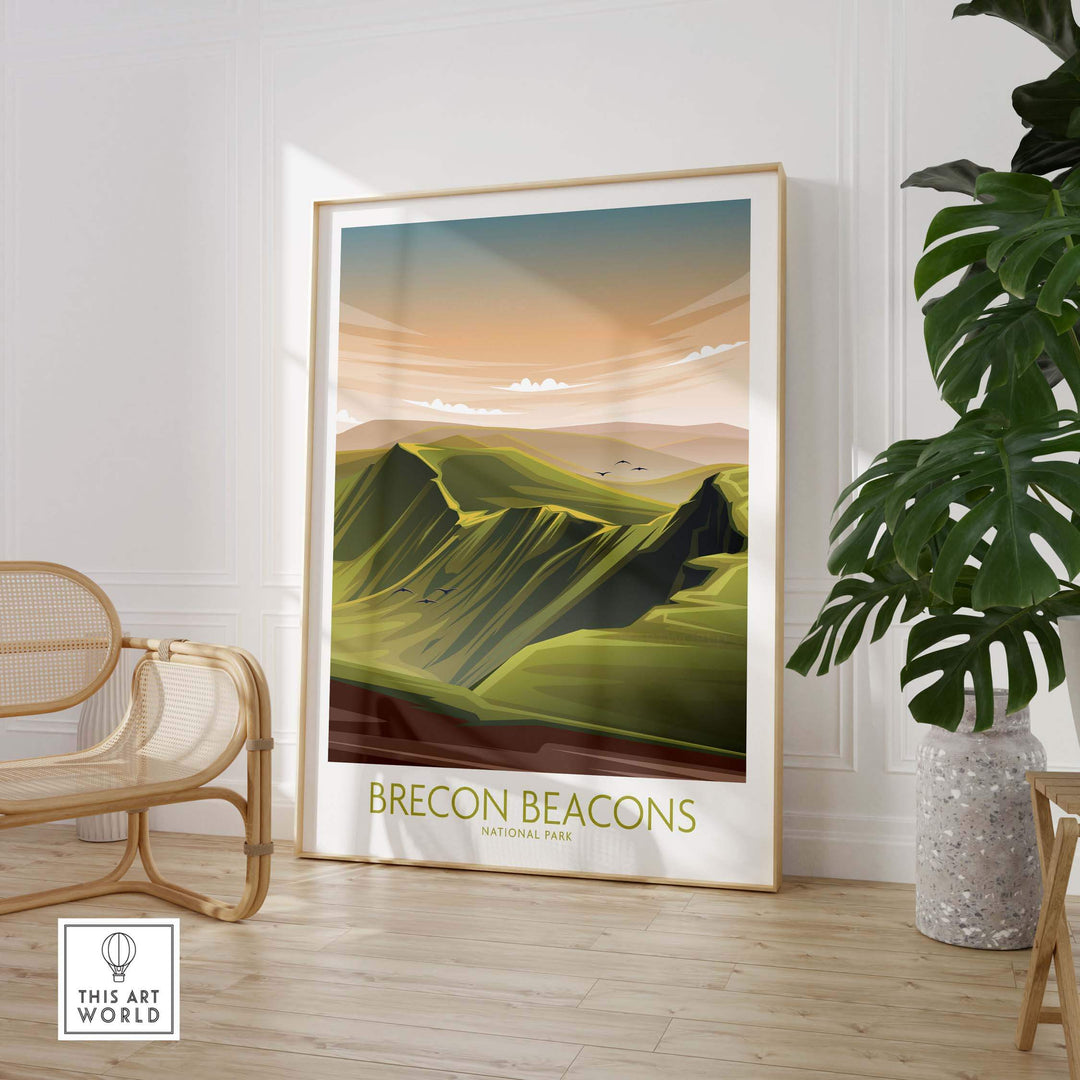 Brecon Beacons National Park poster art print displayed in a modern interior setting, showcasing vibrant green landscapes.